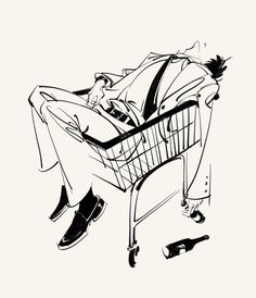 a black and white drawing of a person laying in a shopping cart