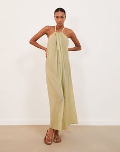 Cloe Long Cover Up - Olivine Elegant Beach Halter Dress With Tie Back, Elegant Tie Back Halter Dress For Beach, Elegant Beach Maxi Dress With Tie Back, Elegant Maxi Beach Dress For Poolside, Elegant Tie Back Maxi Dress For Beach, Elegant Tie-back Maxi Dress For Beach, Gold Beach Dress For Summer, Gold Summer Beach Dress, Elegant Maxi-length Dress For Poolside