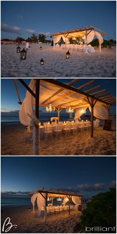 an outdoor dining set up on the beach at night