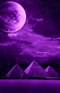 three pyramids in front of a purple sky with the moon and stars above them