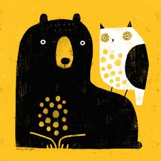 an owl and bear are sitting next to each other on a yellow background with dots