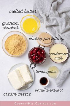 ingredients to make cranberry cheesecake on a white surface with text overlay