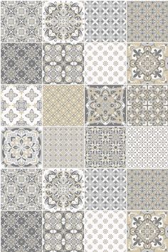 a patchwork pattern in shades of grey and beige