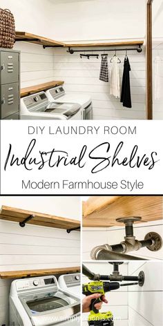 the laundry room is clean and ready to be used as an industrial shelving system