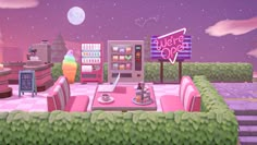 an animated image of a pink diner with neon signs