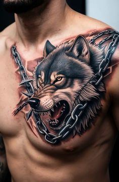 a man's chest with chains and a wolf tattoo on it, which is part of his chest