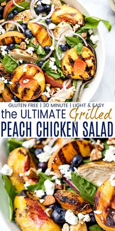 the ultimate grilled peach chicken salad with blueberries and spinach is ready to be eaten