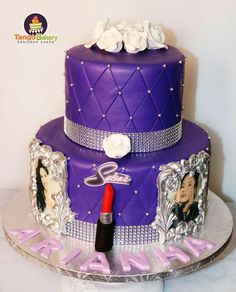 a purple cake decorated with photos and lipstick