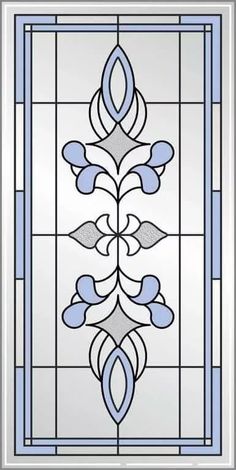 a stained glass window with blue and white designs on the bottom, above it is a stylized design