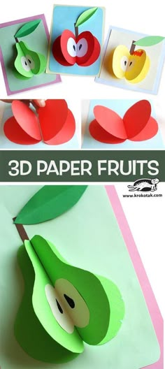 an apple cut out from paper with the words 3d paper fruits on it and two pictures of