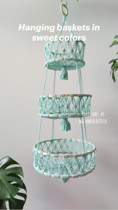 a blue hanging basket with tassels on it next to a potted plant