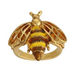 Have fun with this playful gold tone bee ring with yellow and brown enamel and openwork wings. Have fun with this playful gold tone bee ring with yellow and brown enamel and openwork wings. RING DETAILS Size 9 Width: 0.9 in. Metal: alloy Plating: gold tone Finish: polished Material: enamel Not appropriate for children 14 years old and younger. Size: One Size. Gender: female. Age Group: adult. Bumble Bee Ring, Wings Ring, Chic Fashionista, Bee Ring, 1928 Jewelry, Brown Hand, Bee Jewelry, Vintage Inspired Jewelry, Vintage Style Jewellery