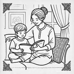 a woman reading to a child sitting on a couch with a book in her lap