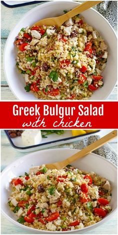 greek bulgur salad with chicken in a white bowl