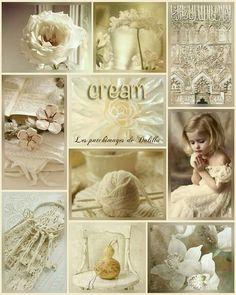 a collage of photos with white flowers and laces on the bottom, in cream tones