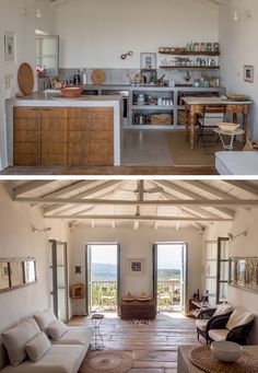 two pictures of the inside of a house with open kitchen and living room in it