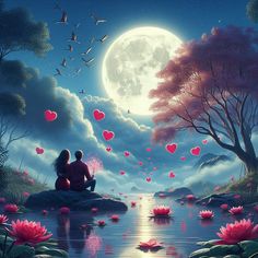 two people sitting on rocks looking at the moon and water with hearts floating in it