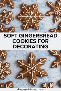 soft gingerbread cookies with white icing and decorated snowflakes