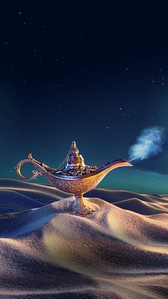 an artistic image of a golden bowl in the desert at night with stars above it