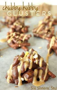 chocolate covered cookies with caramel drizzles on top and the words chubby hubby clusters above them