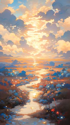 an oil painting of the sun setting over a body of water with clouds in the sky