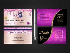 purple and black business card with gold glitters on the front, side and back