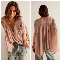 Nwt Free People Lyrical Oversized Tunic Top In Etherea Dusty Pink Size Xs New With Tags Just As Effortless As It Is Essential, This Goes-With-Anything Tunic From Free People Features A Button-Front Neckline With Ribbed Knit Sleeves And A Contrast Sheer Bodice For Added Dimension. Product Details Pullover Henley Neck Long Drop Shoulder Sleeves Casual Billowy V-neck Tops, Free-spirited Long Sleeve Beach Tops, Flowy Long Sleeve Tops With A Free-spirited Style, Free-spirited Long Sleeve Summer Blouse, Free-spirited Long Sleeve Vacation Tops, Oversized V-neck Bohemian Top, Oversized Bohemian V-neck Top, Bohemian Relaxed Fit Top For Layering, Long Sleeve Boho Top For Vacation