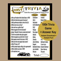 the trivia game and answer key is shown in this black and white poster with gold lettering