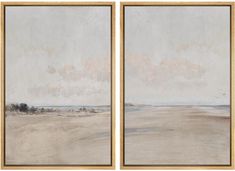 two framed paintings depicting an empty beach