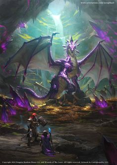 an image of a giant dragon in the middle of a forest with purple and green colors