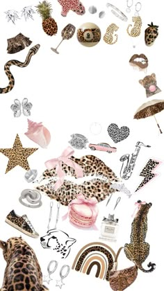 various items are arranged in the shape of a circle on a white background with an animal print