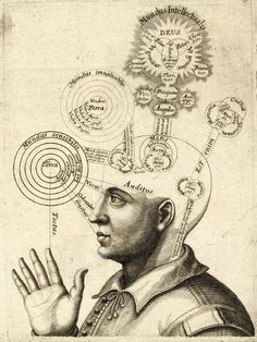 a drawing of a man's head with many symbols on it