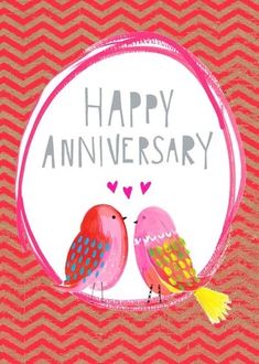 a couple of birds sitting on top of a pink and white circle with the words happy anniversary