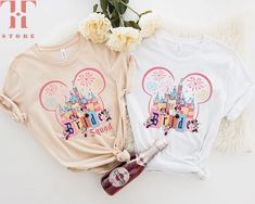 two t - shirts with the words happy birthday and mickey mouse on them next to flowers