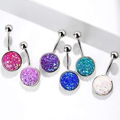 14G Druzy Stone Round Set 316L Surgical Steel Belly Button Navel Ring Titanium Belly Ring, Ring Purple, Navel Ring, Button Rings, Belly Button Ring, Synthetic Opal, Nose Hoop