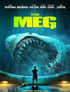 a movie poster for the film the meg with a man standing in front of a shark