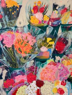 a painting of flowers in vases on a table