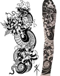 an artistic tattoo design with dragon and flowers on the side of a person's leg