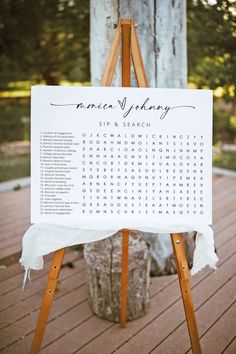 a wooden easel with a crossword puzzle on it