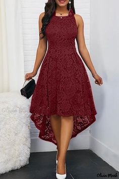 Olivia Mark - Stylish Womens Burgundy Asymmetrical O Neck A-Line Dress featuring Sophisticated Solid Patchwork Design Elegant Solid Color High-low Hem Dress, Fitted Solid Color High-low Hem Midi Dress, Solid Color Fitted Midi Dress With High-low Hem, Fitted Solid Color Midi Dress With High-low Hem, 파티 드레스, Plus Size Vintage, Irregular Hem, Midi Dress Party, Hip Dress