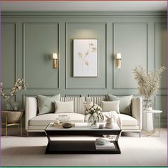 a living room with green walls and white furniture in the center, along with flowers on the coffee table