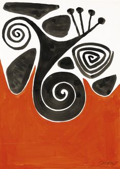 an abstract painting with black and white swirls on orange background, in the style of modern art