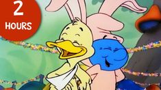 an animated cartoon character holding onto the back of a duckling in front of other characters