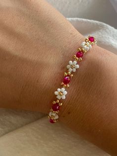 Handmade beaded bracelet. Duracoat galvanized gold beads. Stainless steel clasps. Rose Seed Bead Bracelet, Bracelet Aesthetic, Beadwork Ideas, Dream Aesthetic, Bracelets Handmade Beaded, Flower Bracelet, Gold Beads, Beaded Bracelet, Bead Work