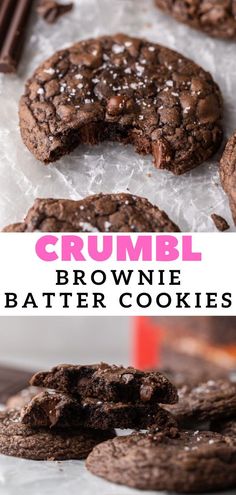 chocolate crumbl brownie batter cookies on parchment paper with text overlay that reads, crumbl brownie batter cookies