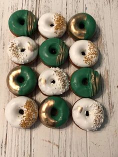 12Green Gold White Mini Donuts Doughnuts Wedding Baby Bridal Christmas New Years Sweets Table Candy Buffet Birthday Favors Treats Green White And Gold Birthday Party, Green Donuts Ideas, Emerald Green Birthday Decorations, Gold And Green Birthday Decor, Safari Sweets Table, Emerald Wedding Decorations, Green Sweet Table, Green Wedding Dessert Table, Green Wedding Food