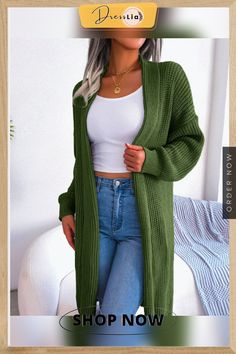 Versatile Loose Long Cardigan Sweater Coats Knee Length Sweater, Cardigan Casual, Gilet Long, Longline Cardigan, Sweater Outfit, Cardigan Sweater Coat, Cardigan Sweater Jacket, Green Cardigan, Cardigan Long