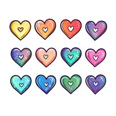 nine hearts with different colors and shapes