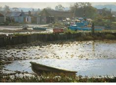 a painting of a boat in the water next to a fence and houses with boats on it