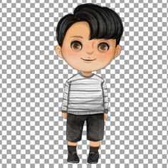 a cartoon boy with black hair and striped shirt standing in front of a checkered background